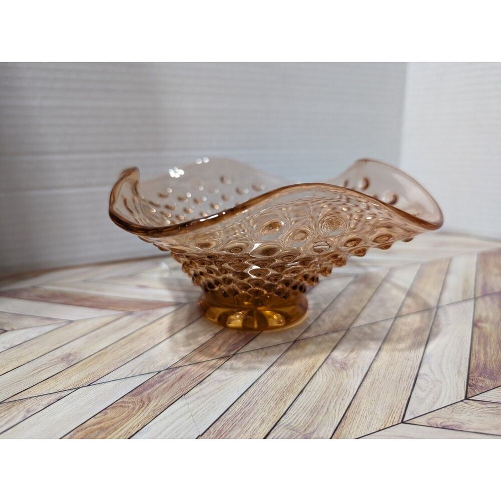 Vintage Indiana Glass Peach/Amber Hobnail Button Candy Dish Scalloped Edge VTG